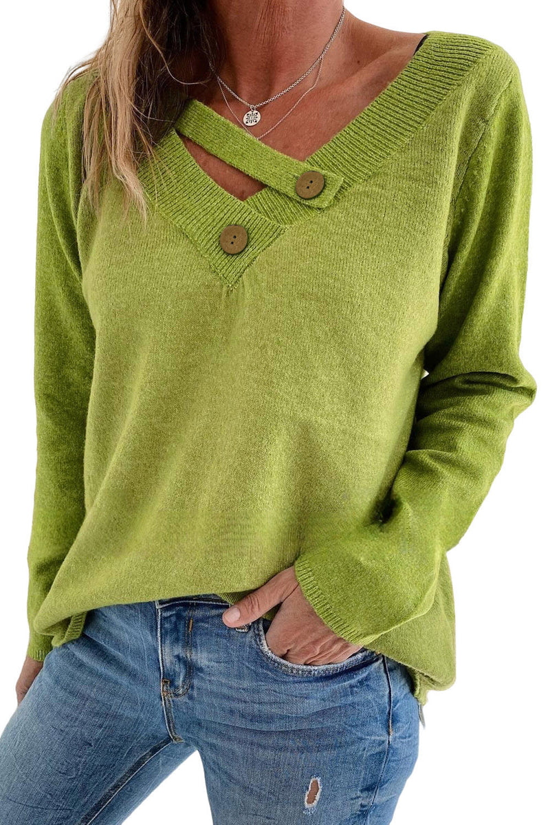 Green Button Tab V Neck Solid Color Sweater