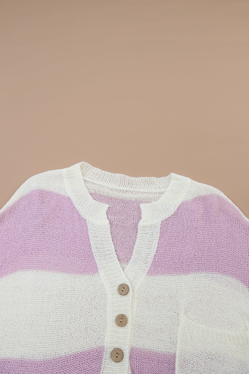 Pink Striped Knit Button Ribbed Split Neck Sweater