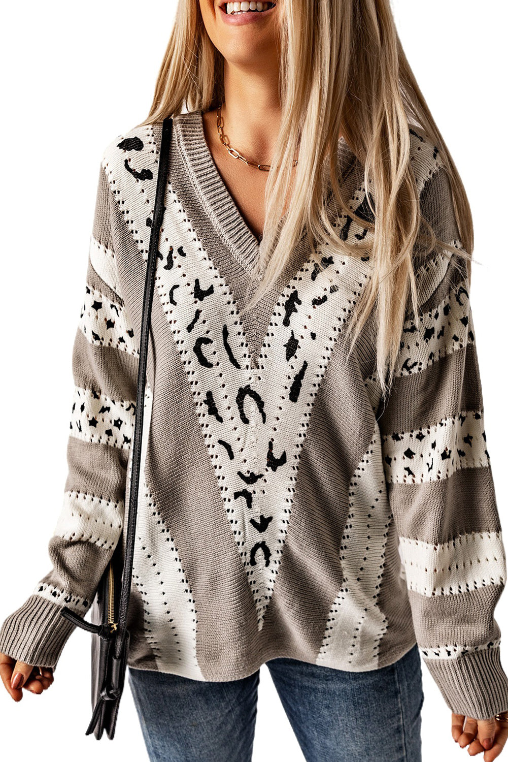 Gray Animal Print Accent V Neck Sweater