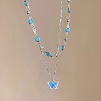 LATS Romantic Blue Crystal Butterfly Necklace for Women Girls Simple Shiny Zircon Bilayer Choker Clavicle Chain New Fine Jewelry