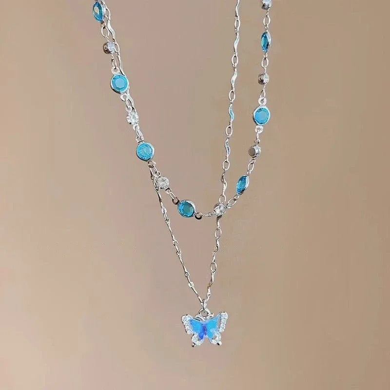 LATS Romantic Blue Crystal Butterfly Necklace for Women Girls Simple Shiny Zircon Bilayer Choker Clavicle Chain New Fine Jewelry