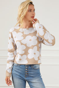 Light French Beige Flower Pattern Cropped Sweater