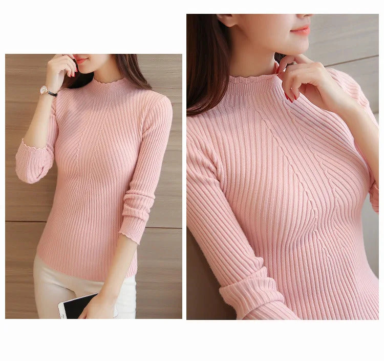 2024 Autumn Women Mock Neck Ruffles Sweater Long Sleeve Knitted Bottoming Solid Pullovers Stripe Women Casual Sweater Winter