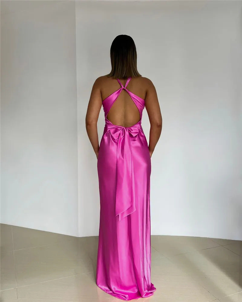 Mozision Satin Bow Backless Sexy Maxi Dress For Women Gown Fashion V Neck Sleeveless Club Party Evening Dress Elegant