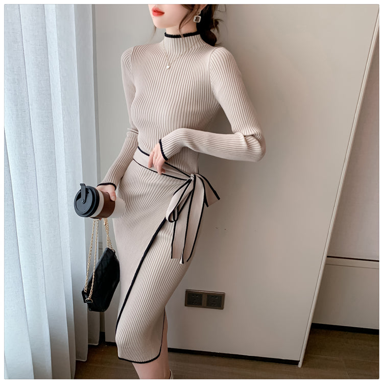 Women Knitted Dress New Autumn Winter Slim Lace-Up Long Sleeve Bottoming Sweater Skirt Elegant Fashion Office Female Vestidos