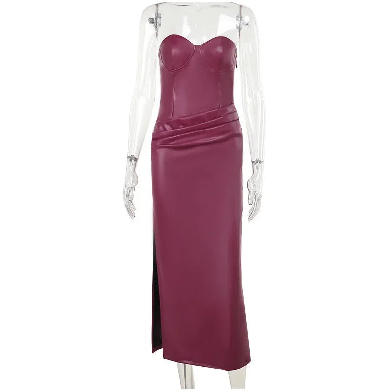 Sexy Burgundy Pu Leather Maxi Dresses Women Strapless Backless Bandage Sleeveless Pleated Hip Package Party Dress New Split Robe