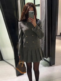 Elegant Crop Jacket Mini Skirts Sets O-neck Double Breasted Coats Pleated A Line Skirt 2024 Autumn Fashion Office Lady Outfits