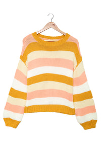 Yellow Striped Puff Sleeve Knitted Pullover Sweater