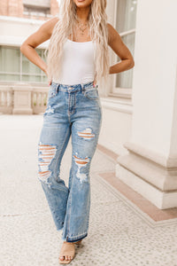 Sky Blue Light Wash Distressed High Rise Flare Jeans