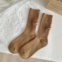 1 Pair Autumn Winter Solid Warm Velvet Thickened Pile Socks Embroidered Logo Mid-Calf Length Socks Casual Cotton Snow Boot Socks