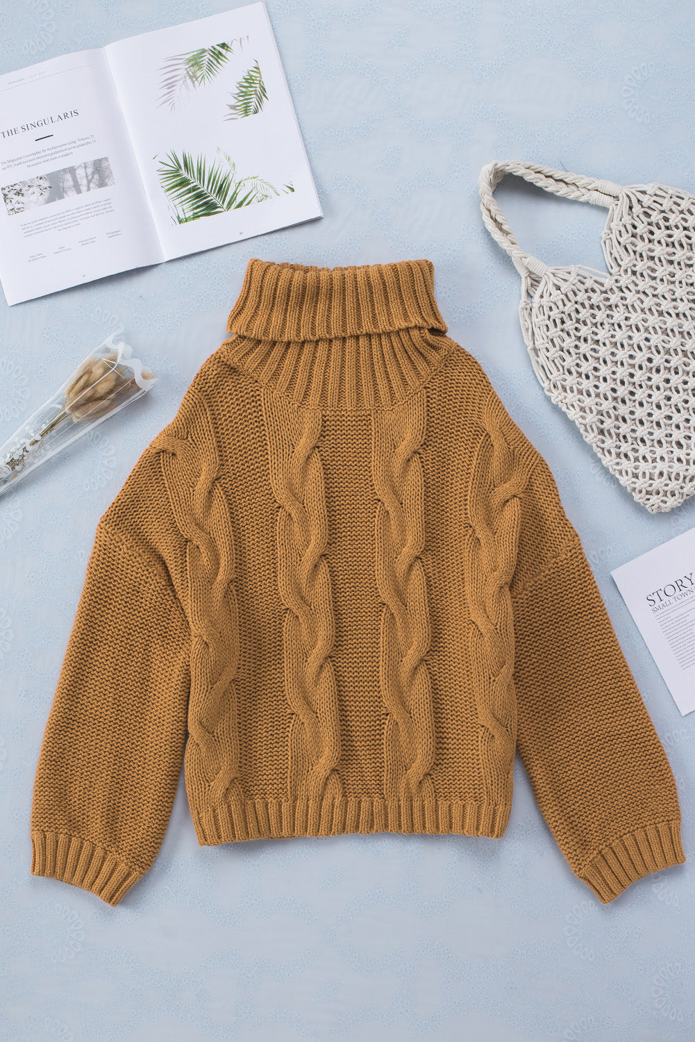 Yellow Cuddle Weather Cable Knit Handmade Turtleneck Sweater