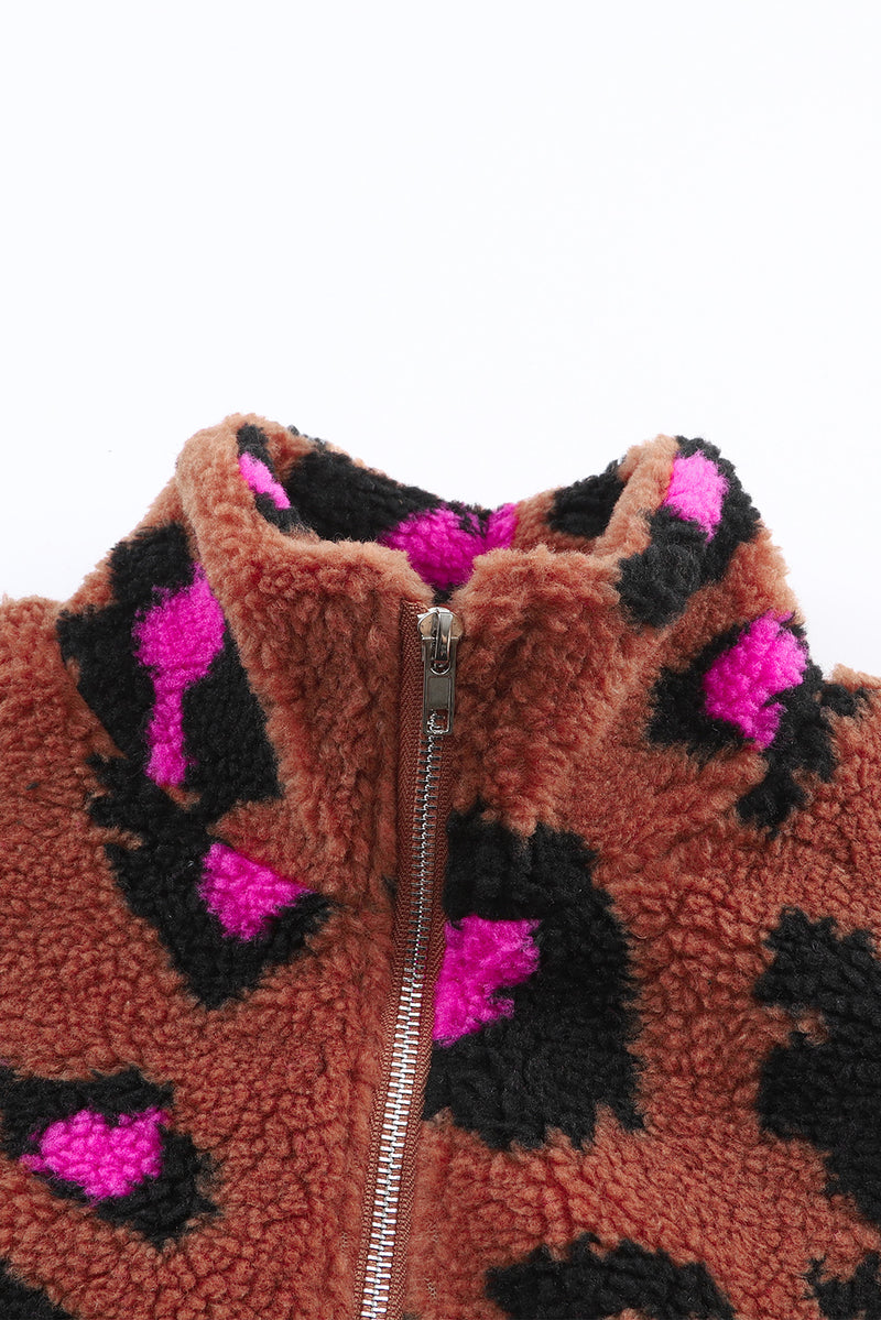 Leopard Zip Up Stand Collar Sherpa Teddy Jacket