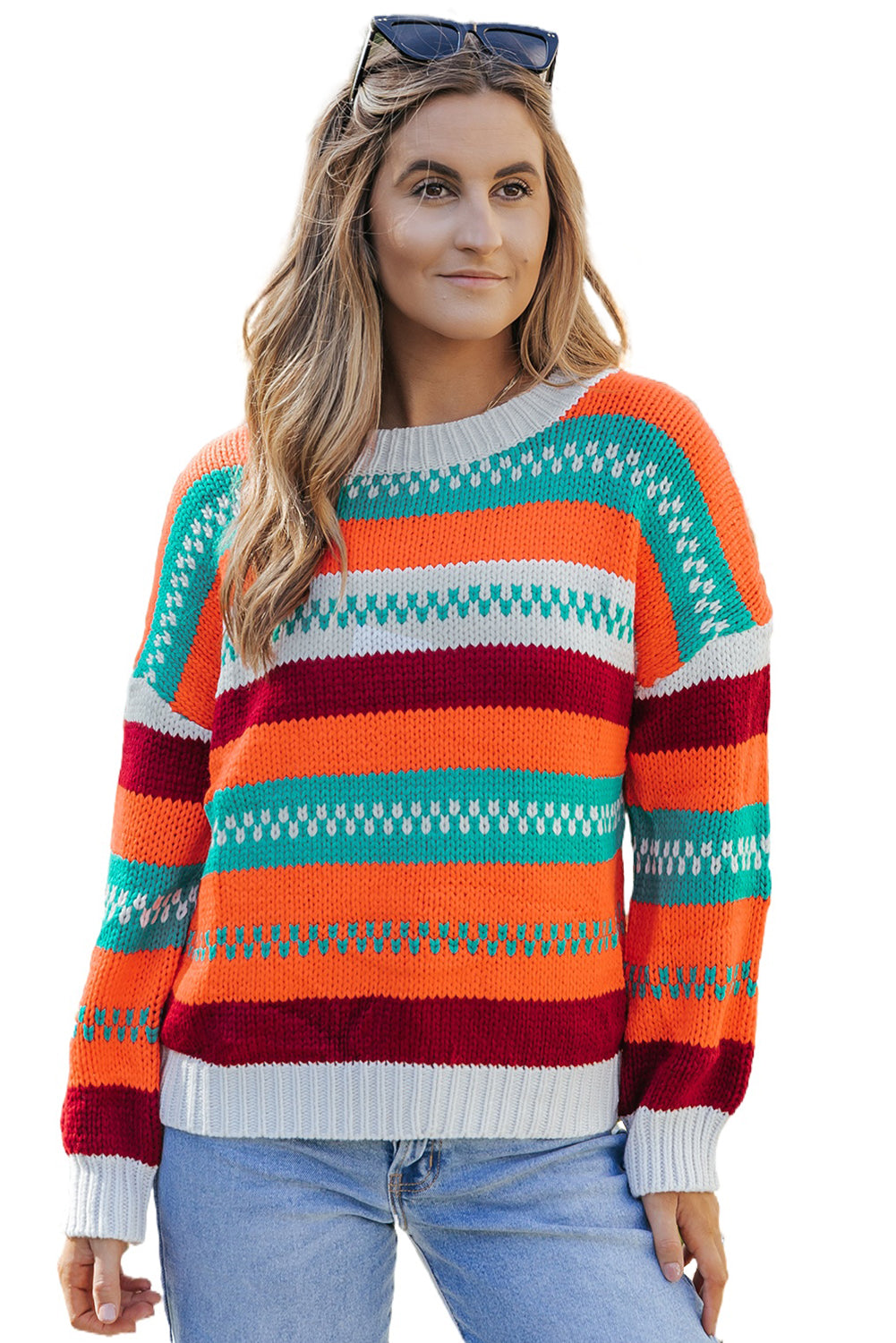 Multicolor Color Block Striped Loose Sleeve Sweater