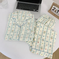 Cherries Print Two Pieces Pajamas Set Autumn Faux Cotton Pajamas Korean Fashion Home Clothes Ladies Pants and Top Set Pijamas