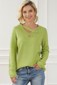 Green Button Tab V Neck Solid Color Sweater