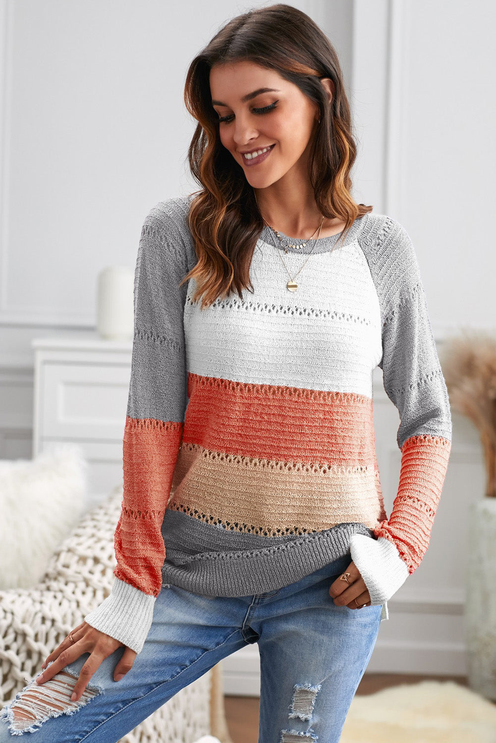 Wine Accent Knitted Color Block Long Sleeve Crew Neck Sweater