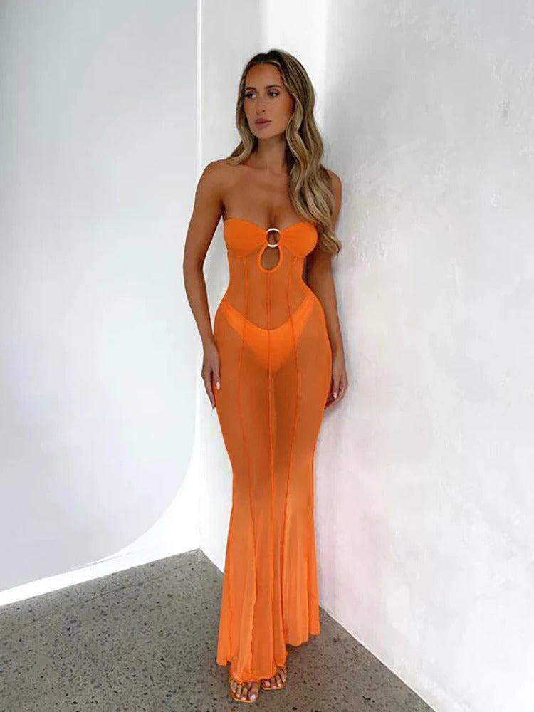 Nibber Mesh Patchwork See Through Maxi Dress Women Sexy Slim Coquette Strapless Elastic Fit Beach Party Vestido Clothing