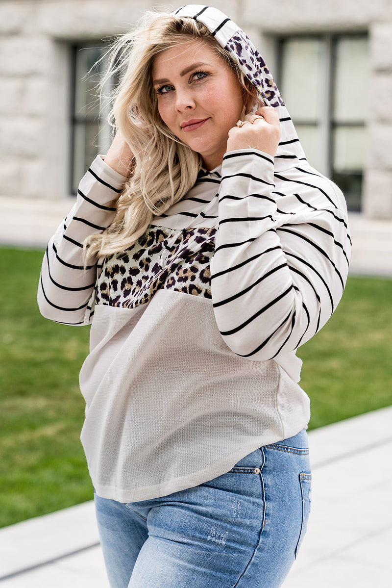 White Striped Leopard Block Patchwork Plus Size Hoodie