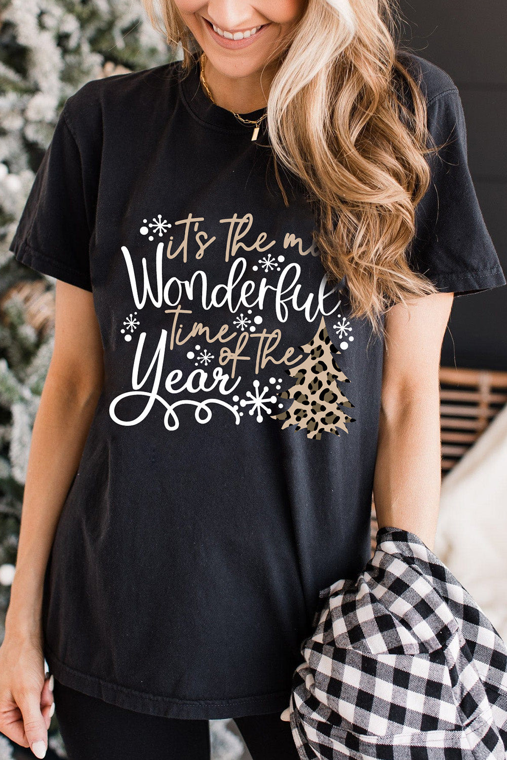 Black Wonderful Christmas Season Leopard Graphic Tee