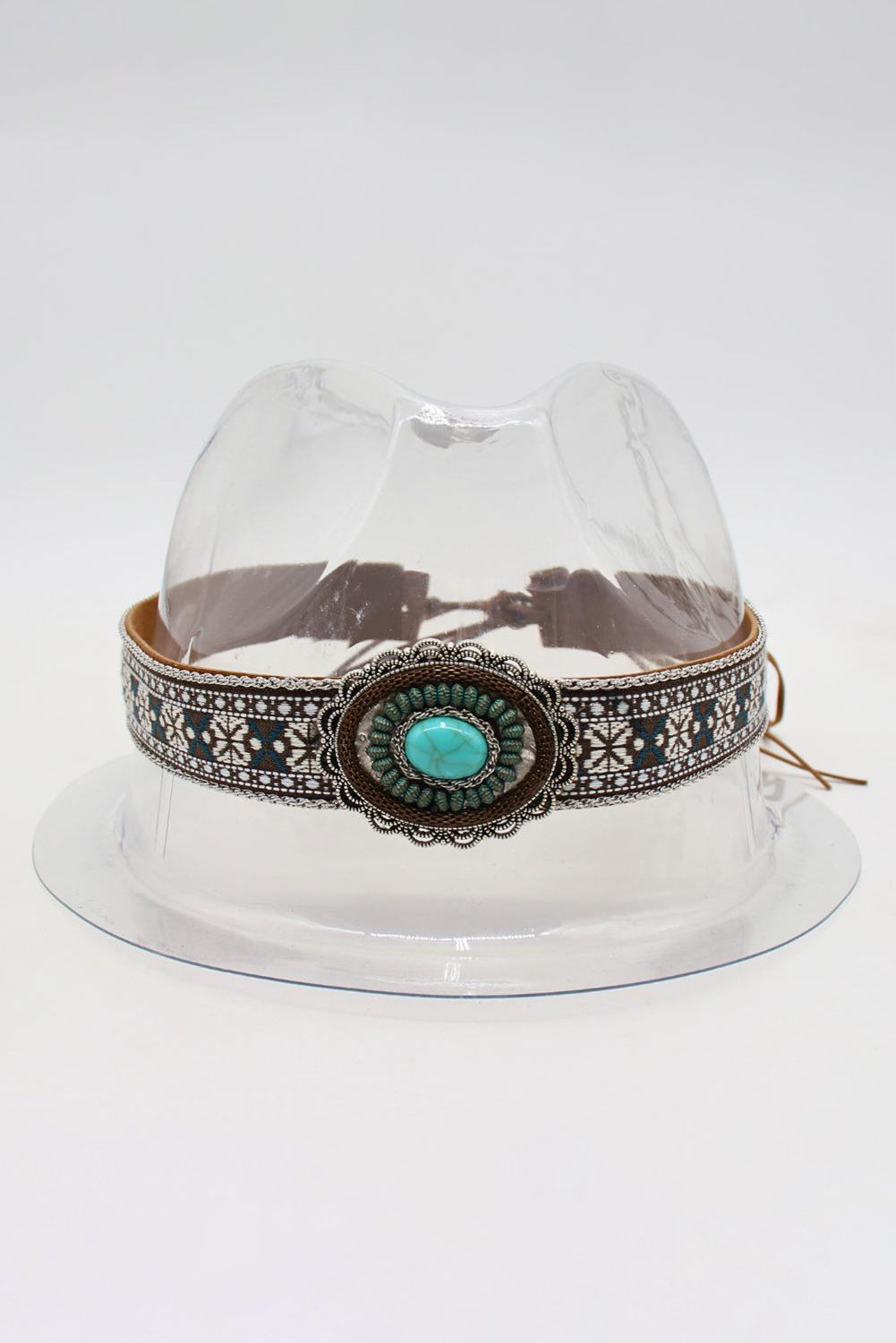 Light Blue Western Pattern Turquoise Decor Lace-up PU Leather Hat Band