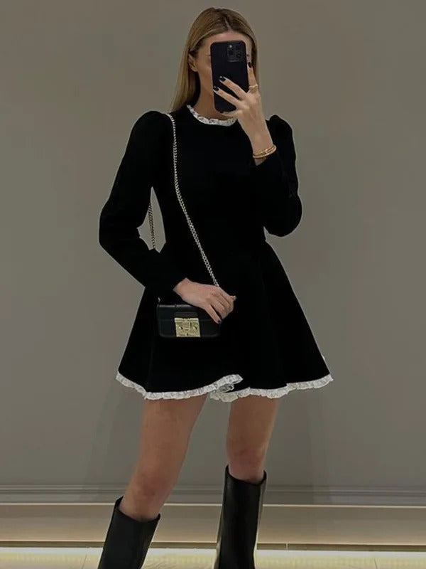 Splice Lace Mini Dress For Women High Waist Slim Elegant Dresses Femme Wedding Retro Temperament Dress Womens Clothes New