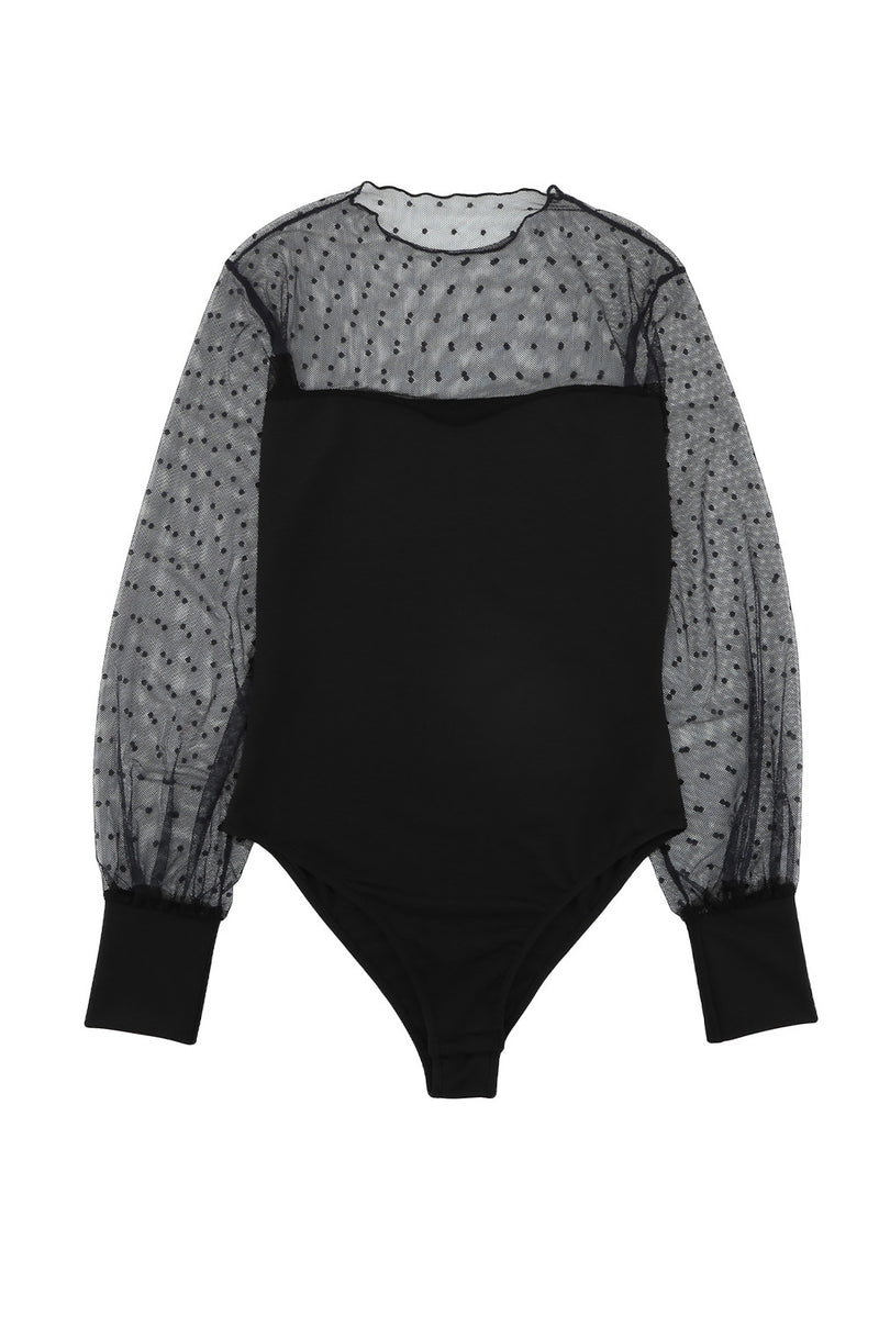 Polka Dot Mesh Splicing Long Sleeve Bodysuit