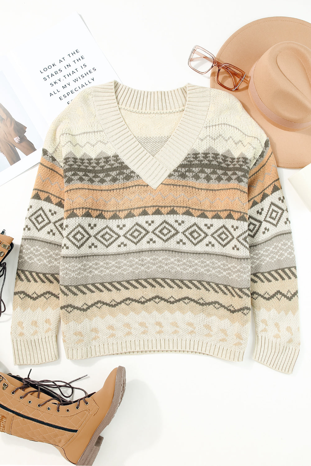 Khaki Geometric Print Ribbed Knitted V Neck Sweater