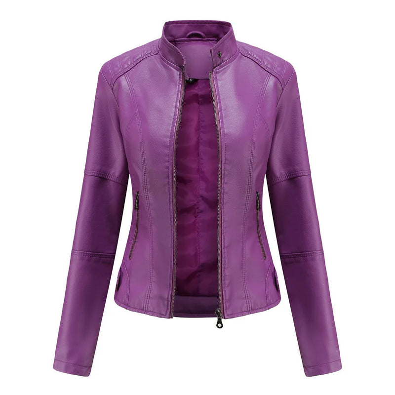 Spring / Autumn New Style Gules Leather Jacket Women's Fashionable Trim Motorcycle Women Coat Black Purple Brown S-4XL