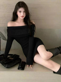 Sexy Dresses Women Backless Knitting Slim Y2k Girls Tender Korean Style Soft Casual Autumn Slash Neck Hotsweet Cozy New Clubwear