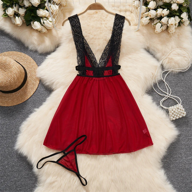 Hot Sexy V-Neck Cross Strap Dress Lace Patchwork Irregular Pleated Nightwear Women's Erotic Lingerie Backless Sleeveless Pajamas