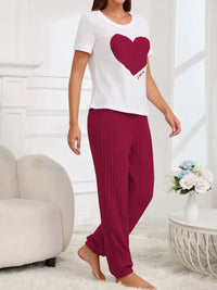 Women's new style pajamas set heart pattern short sleeve shirt trousers two-piece simple and lovely casual home wear