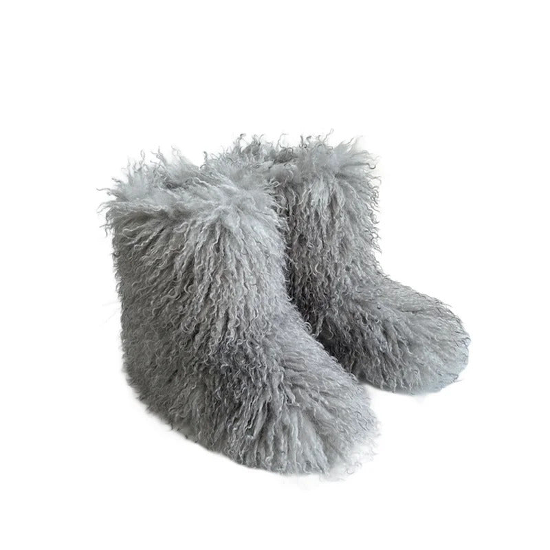 New Winter Fur Onepiece Raccoon Fur Female Snow Boots Fur Shoes Outdoor Mid Leg Boots