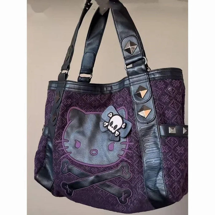 Sanrio Hello Kitty Vintage Patchwork Purple Armpit Bag Subculture Y2K Sweet Spicy Girl Handbag Gothic Trend Versatile Tote Bag