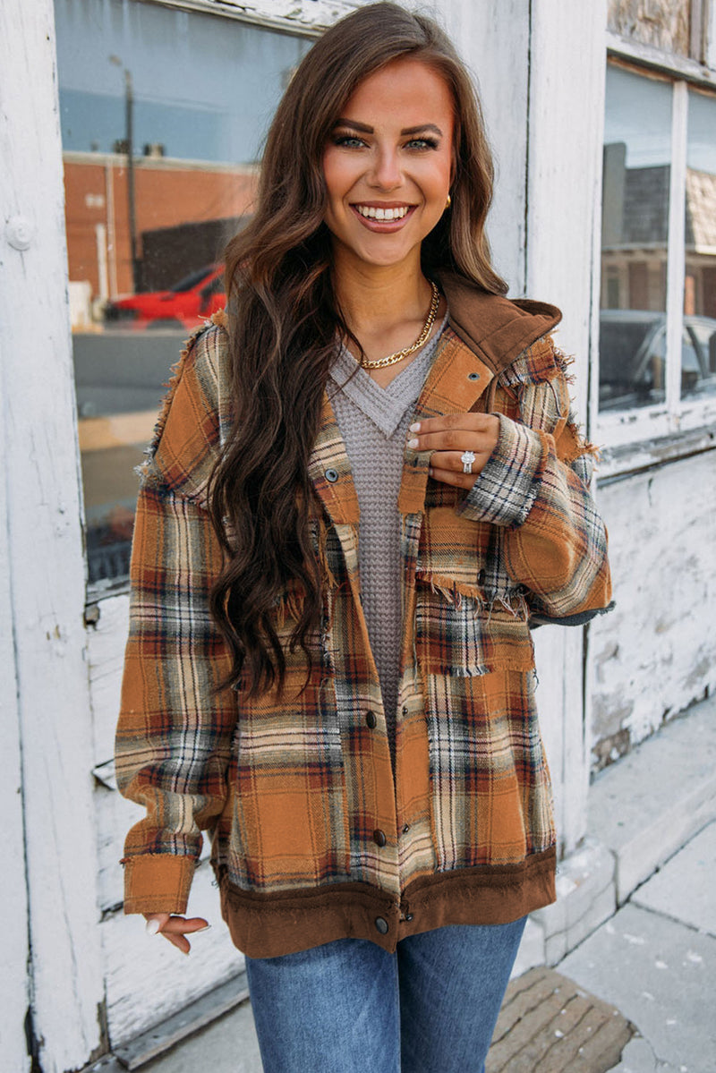 Chestnut Plaid Patch Hooded Frayed Snap Button Jacket