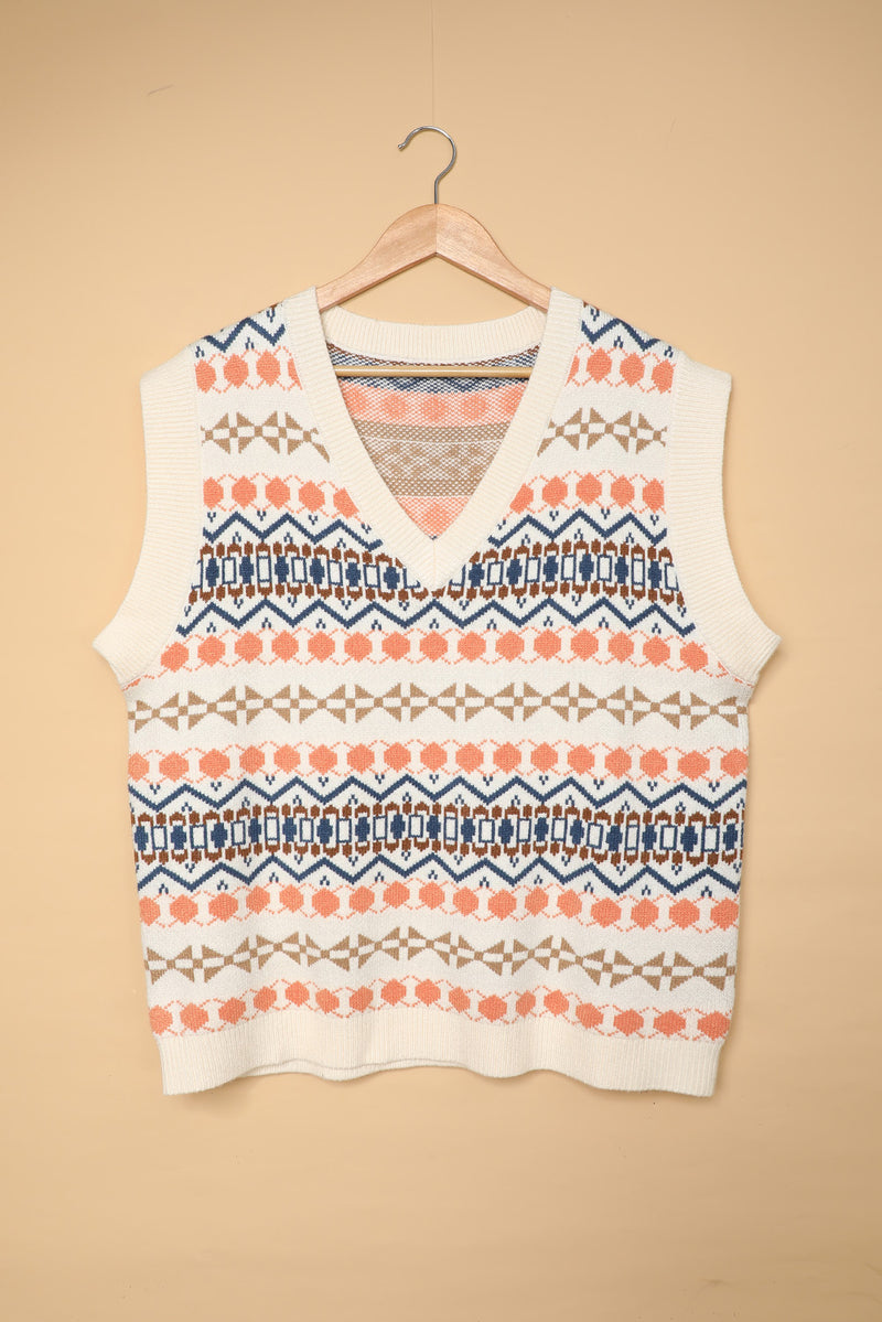 Sky Blue Tribal Print V Neck Knitted Sweater Vest