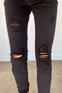 Black Distressed Raw Edge Cropped Skinny Jeans