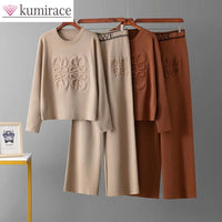 Letter Print Indentation Round Neck Long Sleeved Knitted Sweater Pullover Casual Wide Leg Pants Two-piece Set Women's Pants Set