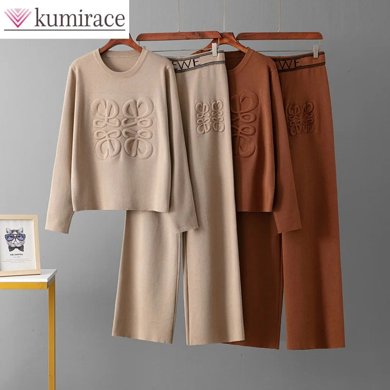 Letter Print Indentation Round Neck Long Sleeved Knitted Sweater Pullover Casual Wide Leg Pants Two-piece Set Women's Pants Set