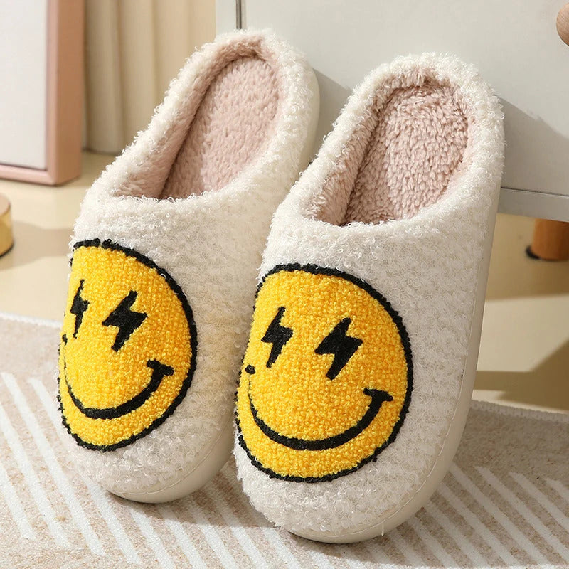 Leopard Print Winter Slippers Women Lightning Smile Face Fluffy Fur Slippers Woman Indoor Anti-slip Furry Couple Cotton Slides