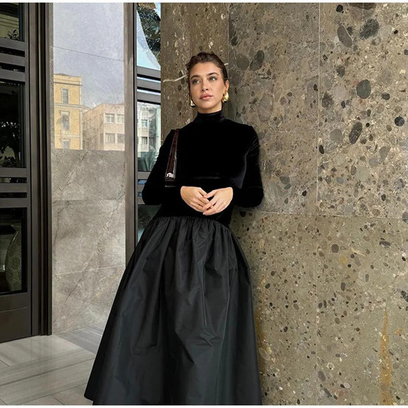 Fashion Contrast Splicing Pleated Long Dress For Women Casual Round Neck Loose Cropped Vestido 2025 Lady High Street Robe Spring