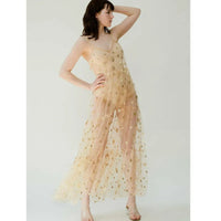 Women Spaghetti Straps Tulle See Through Long Dresses Cover Sexy See Through Baggy Ladies Stars Beach Bling Bling Long Dress