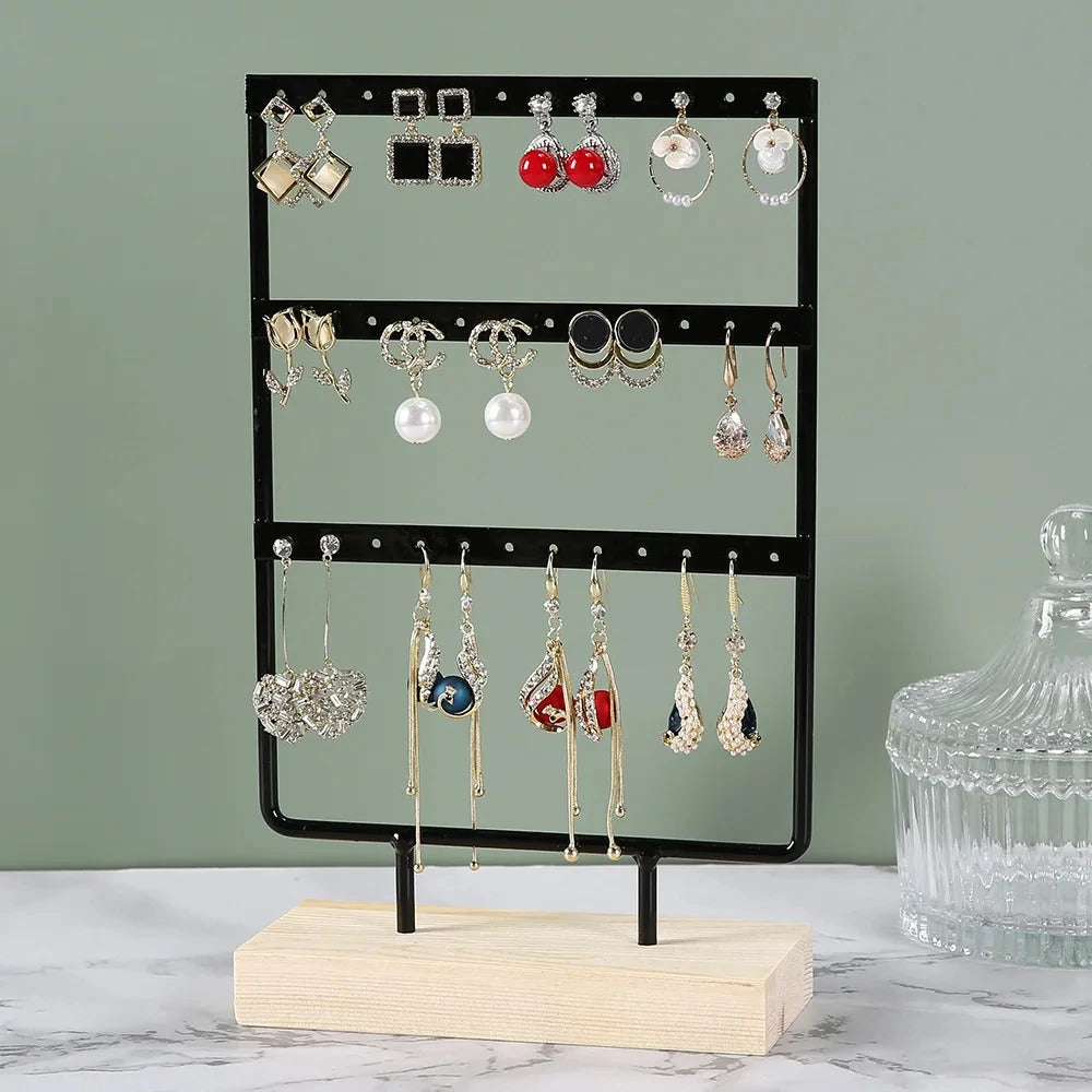 Earring Stand Wooden Base Jewelry Towel with Holes Hanging Jewelry Organizer Large Metal Holder for Earrings Ear Stud Necklace