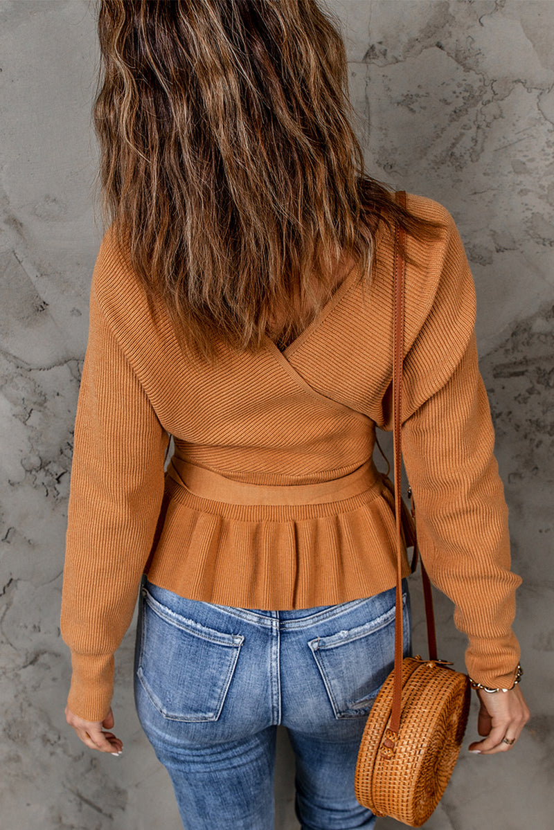 Brown Rib Knit Surplice Neck Belted Peplum Sweater