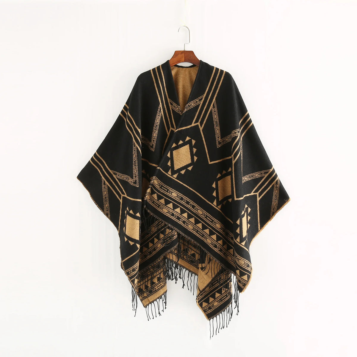 Cloak Poncho Capes 2024 New Indian Nepalese Style Geometric Tassel Split Women Shawl Warm Air Conditioning Room Lady Blue