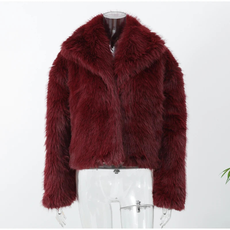 Wine Red Fluffy Faux Fur Short Coat Women Elegant Full Sleeve Warm Lapel Jacket New Winter Woman Commuter Outerwear 2024