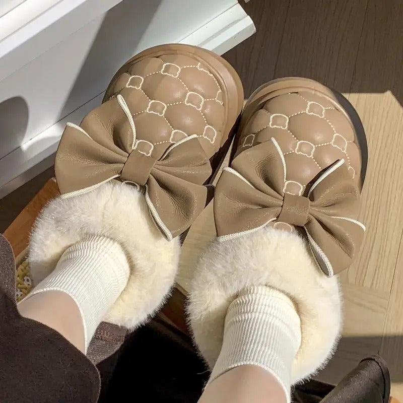 Platform Ankle Boots Female Bowknot Designer Winter Snow Booties Indoor Fluffy Slippers Women House Flats Fashion Footwear Warm