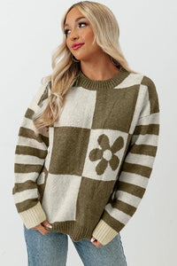 Orchid Petal Checkered Floral Print Striped Sleeve Sweater