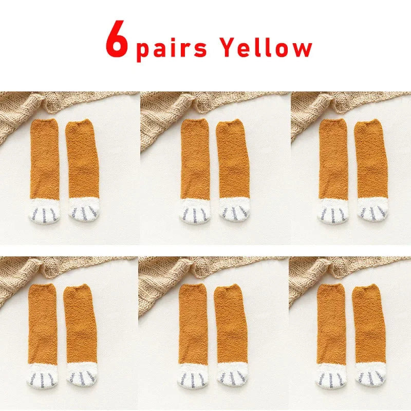 6 pairs Woman socks Set Cartoon Cute 3D Dog Cat Paw Pattern Winter Female Fleece Warm Home Floor Sleeping Thick Socks Wholesale