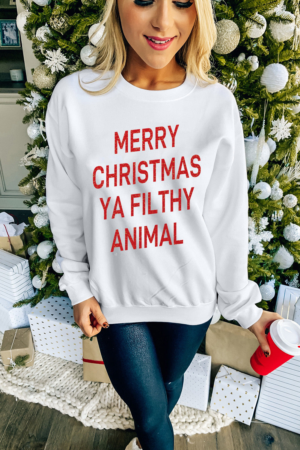 White Merry Christmas Ya Filthy Animal Graphic Sweatshirt