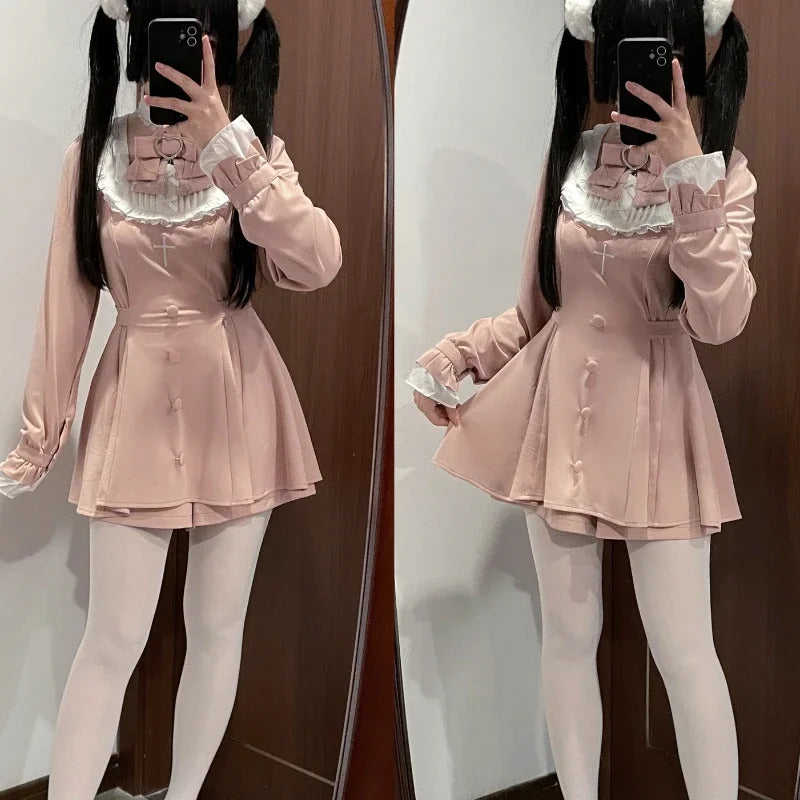 Japanese Punk Style Y2k Lolita OP Dress Women Vintage Elegant Ruffle Bow Lace Evening Party Dresses Female High Waist Slim Dress